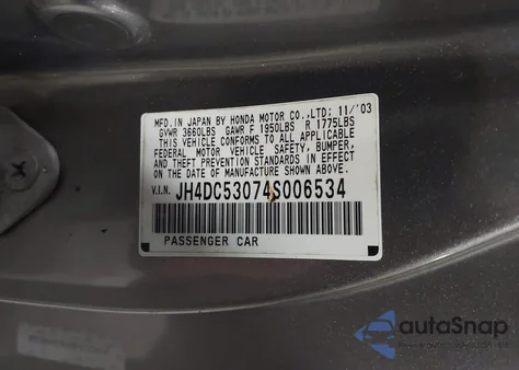 2004 Acura Rsx Type S from USA, damaged, VIN JH4DC53074S006534